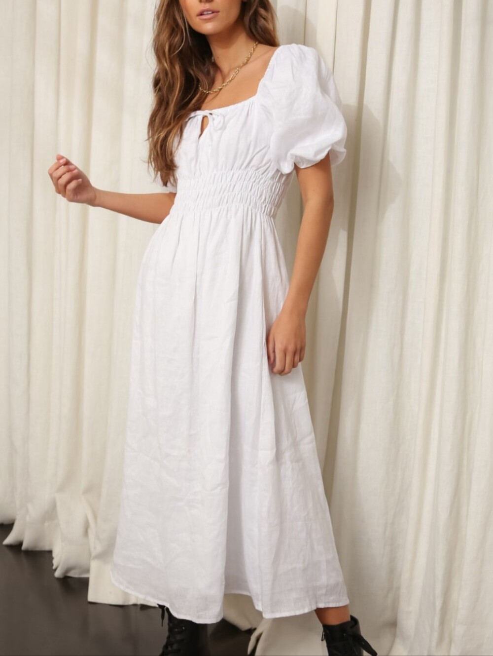 Faithfull the Brand Maurelle White Puff Sleeve Smocked Maxi Dress DAMAGED